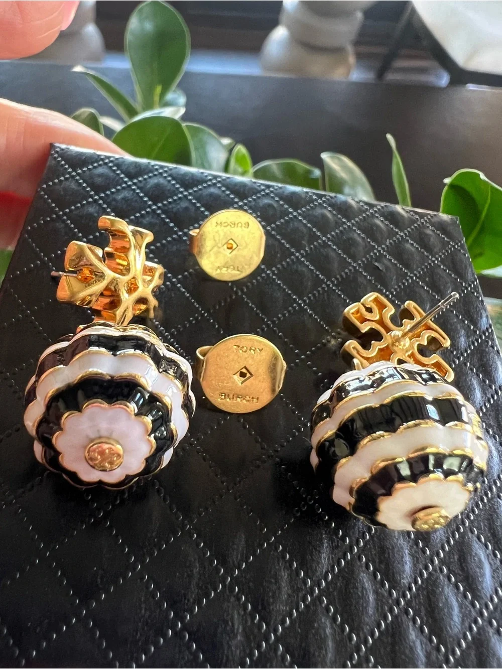 Tory Burch Gold Tone Earrings with Black and White Striped Spheres